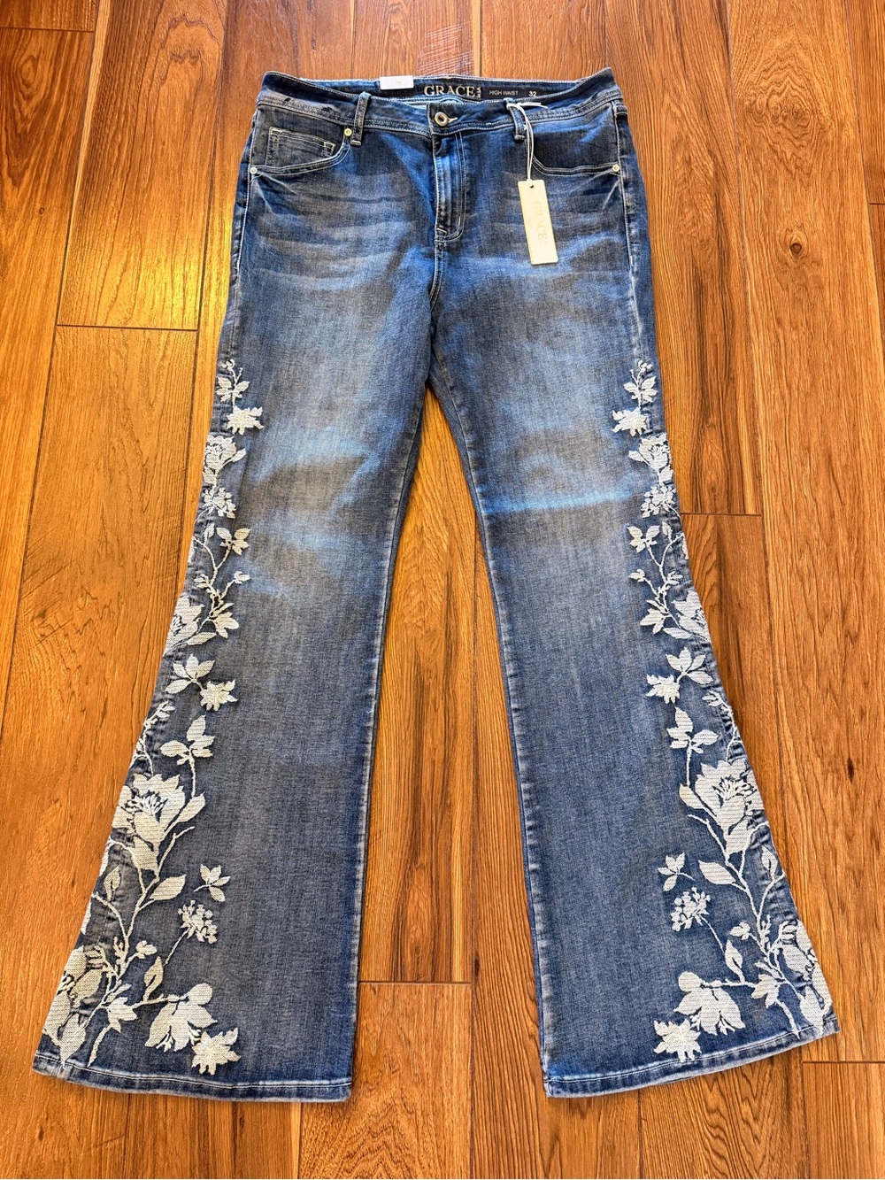 Grace Blue Denim Flare Jeans with White Floral Embroidery